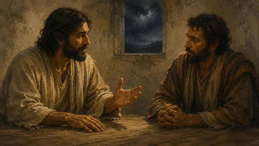 Jesus giving words of peace to a disciple while a storm gathers outside