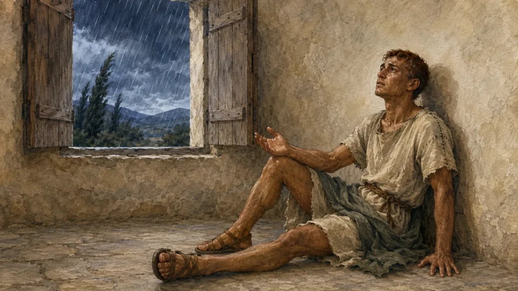 A young believer prays as a storm continues outside in Philippians 4