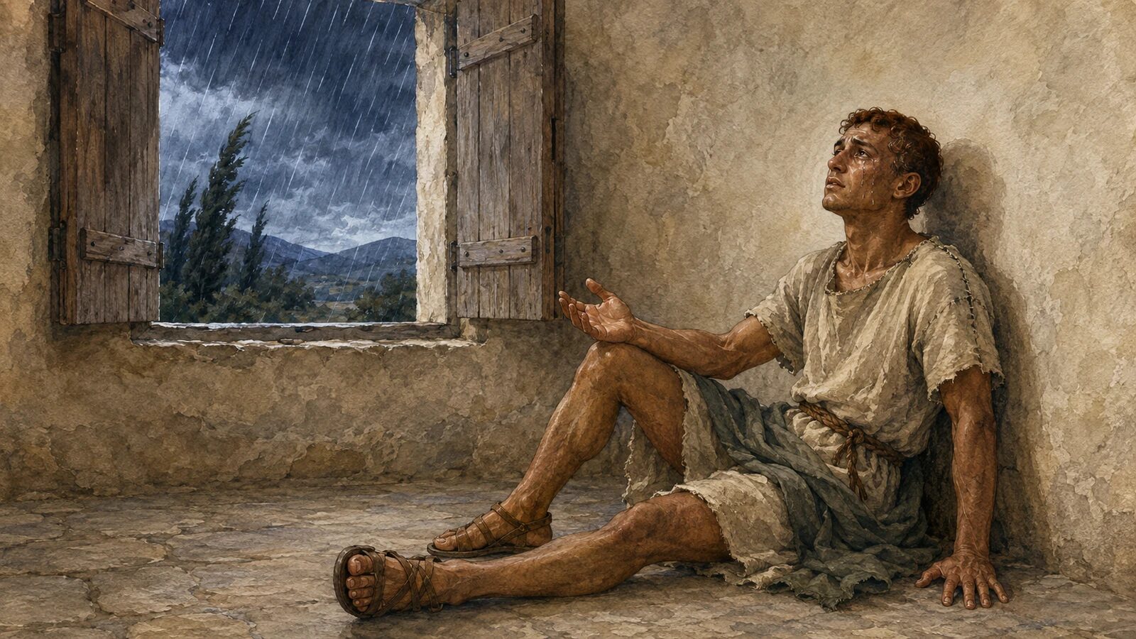 Believer Finds Peace in Prayer While Trouble Remains A young believer prays as a storm continues outside in Philippians 4