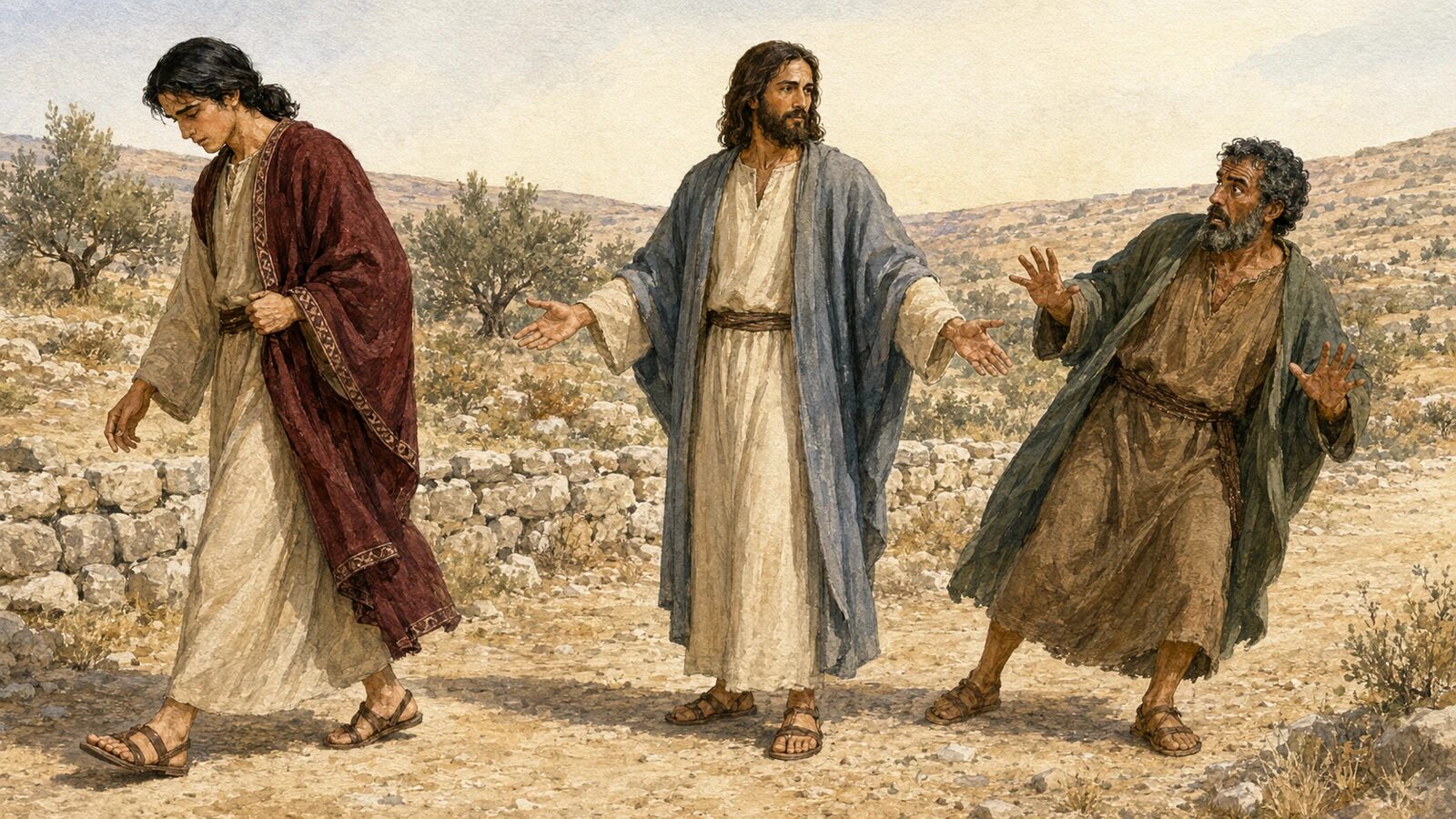 Jesus Warns of the Difficulty of Kingdom Entrance The rich young ruler departs as Peter reacts to the warning from Jesus in Matthew 19