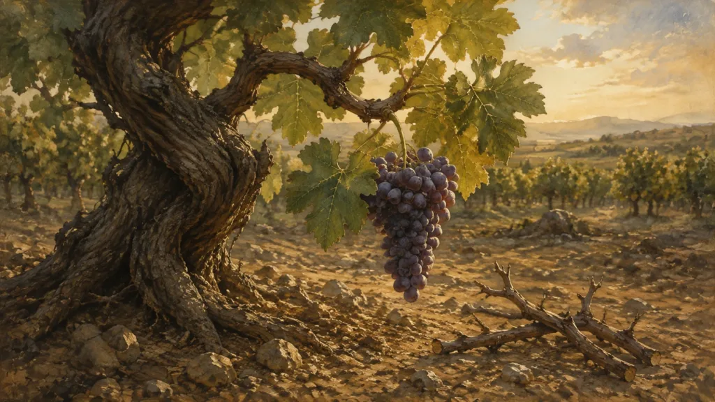 A fruitful grape branch remaining joined to a rooted vine