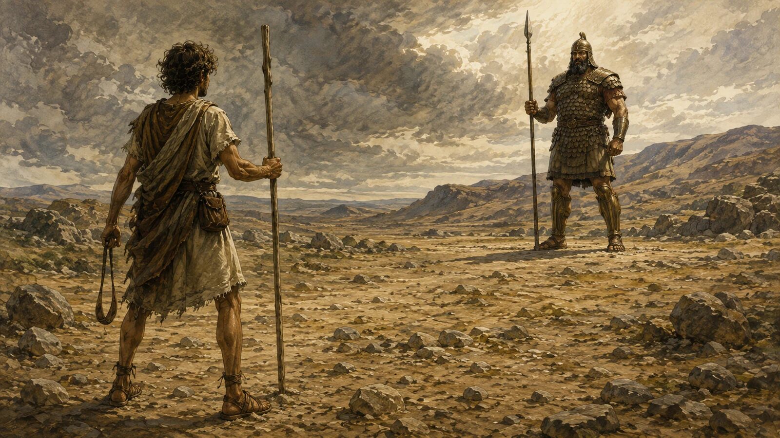 David facing the giant Goliath in the Valley of Elah