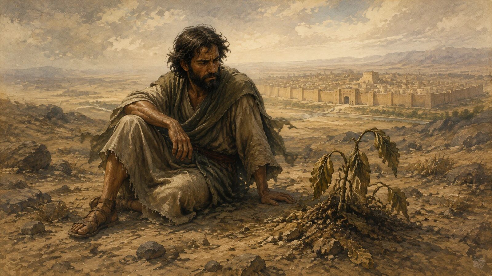 The Story of Jonah: God’s Mercy, Our Resistance, and Nineveh Jonah sitting beside the withered plant while Nineveh stands in the distance
