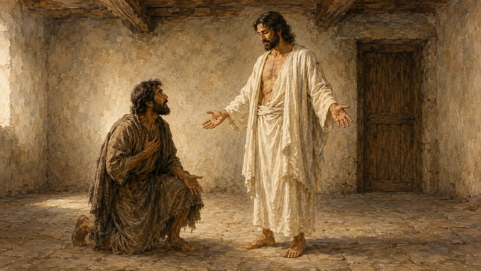 Thomas kneeling before the risen Jesus and seeing His healed wounds