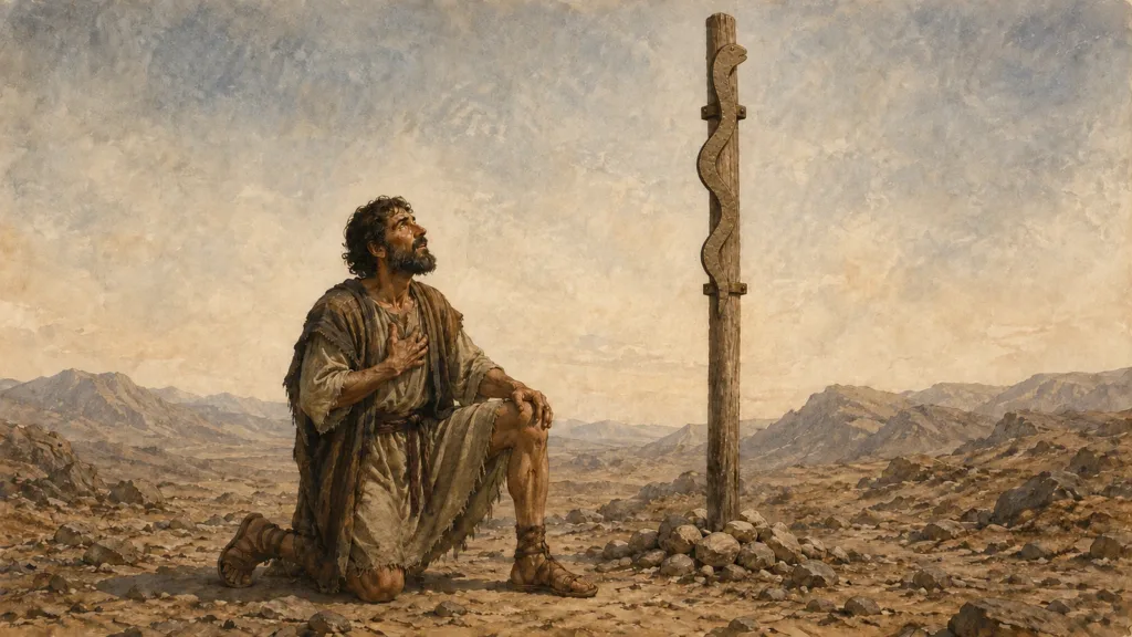 An afflicted Israelite looks toward the bronze serpent raised on a pole in the wilderness
