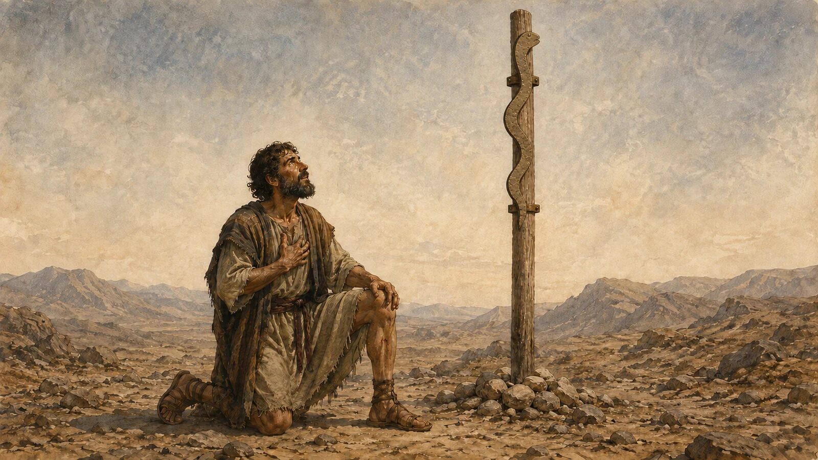 The Bronze Serpent: How It Points to Jesus on the Cross An afflicted Israelite looks toward the bronze serpent raised on a pole in the wilderness