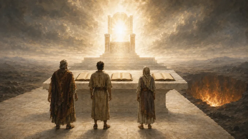 Three people stand before the Great White Throne with books opened and the lake of fire beyond