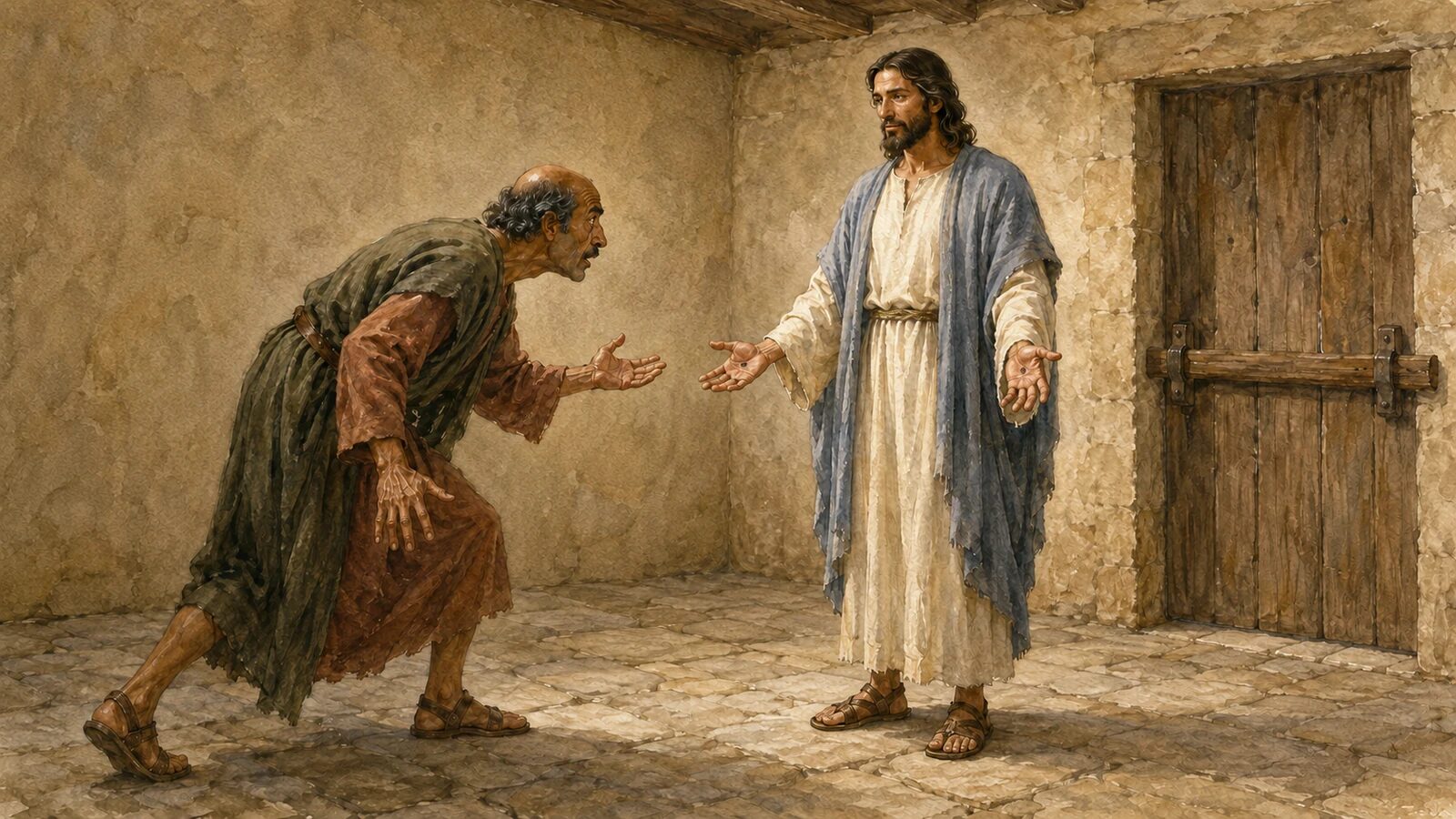 Thomas bows before the risen Jesus and confesses Him as Lord and God