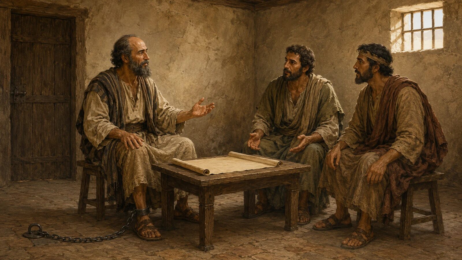 The Book of Acts Paul teaches two visitors in his rented Roman house while a custody chain rests on the floor