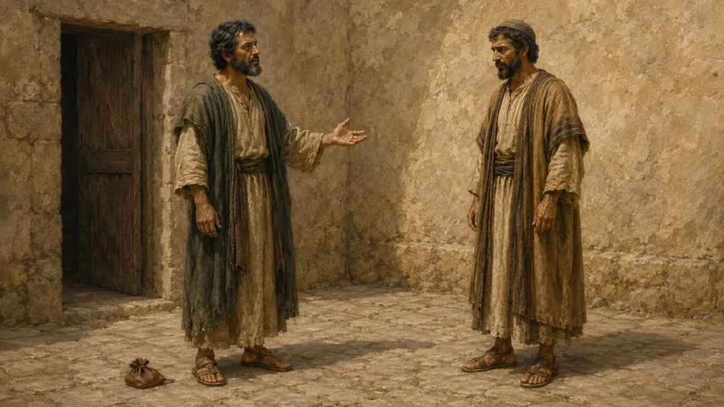 Peter confronts Ananias after a money pouch has been laid at his feet