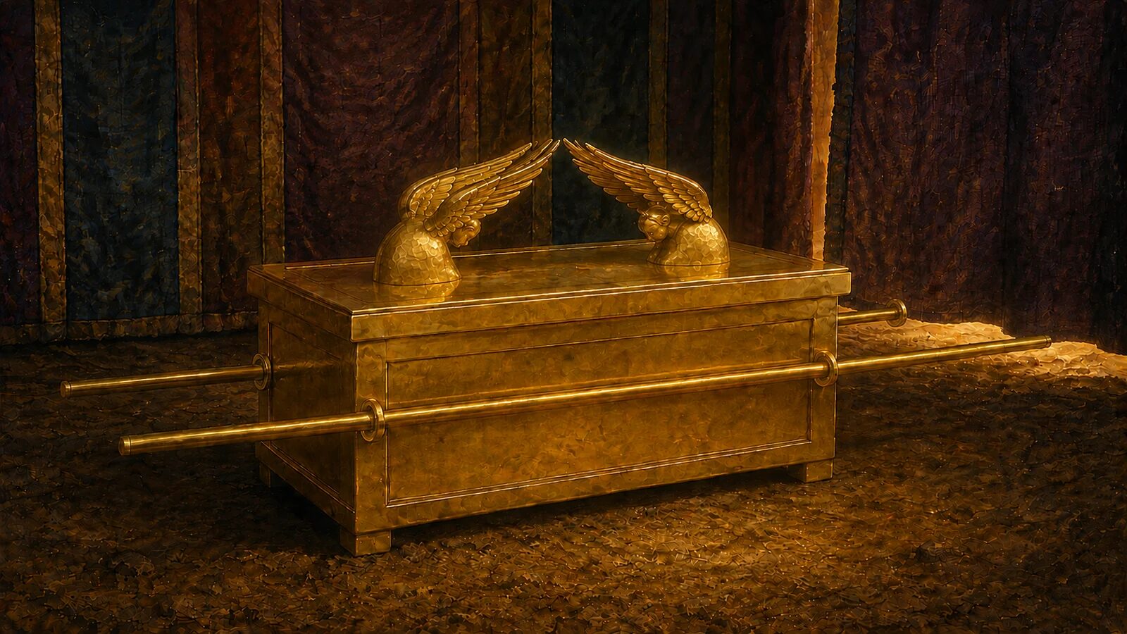 The closed Ark of the Covenant resting behind the tabernacle veil