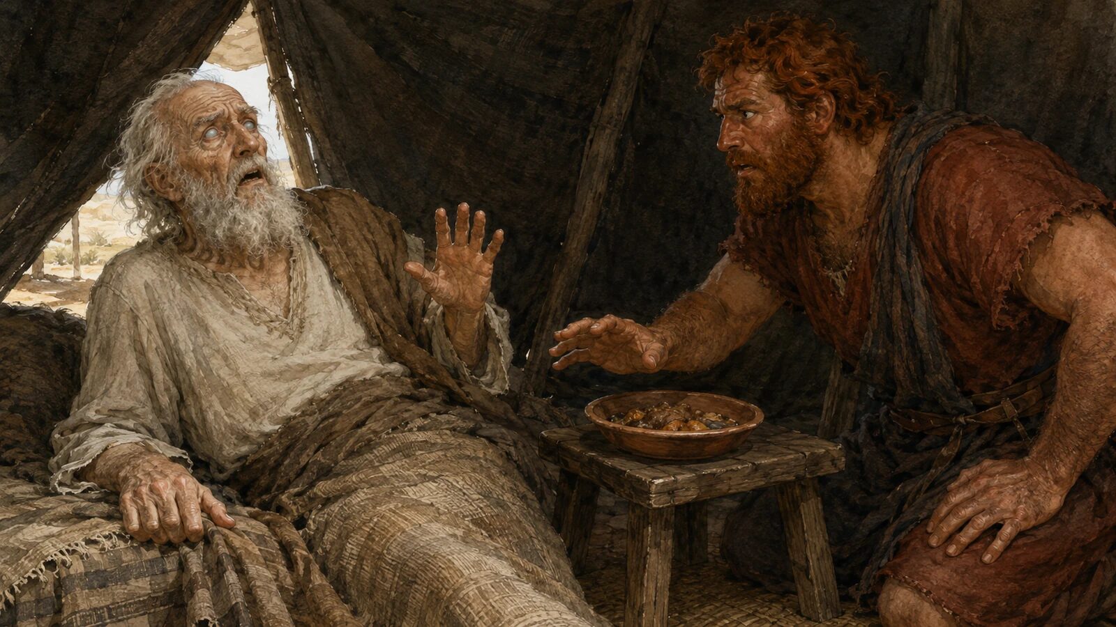 Blind elderly Isaac trembles as Esau returns with savory food and the deception is revealed