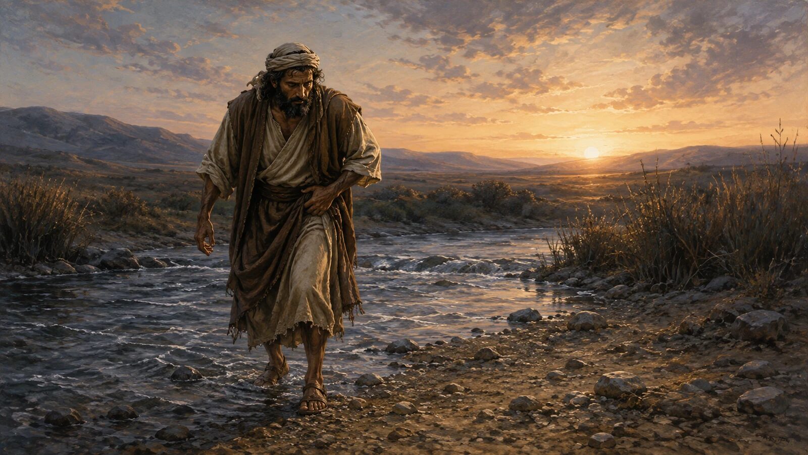 Jacob limping across the Jabbok ford at sunrise after Penuel