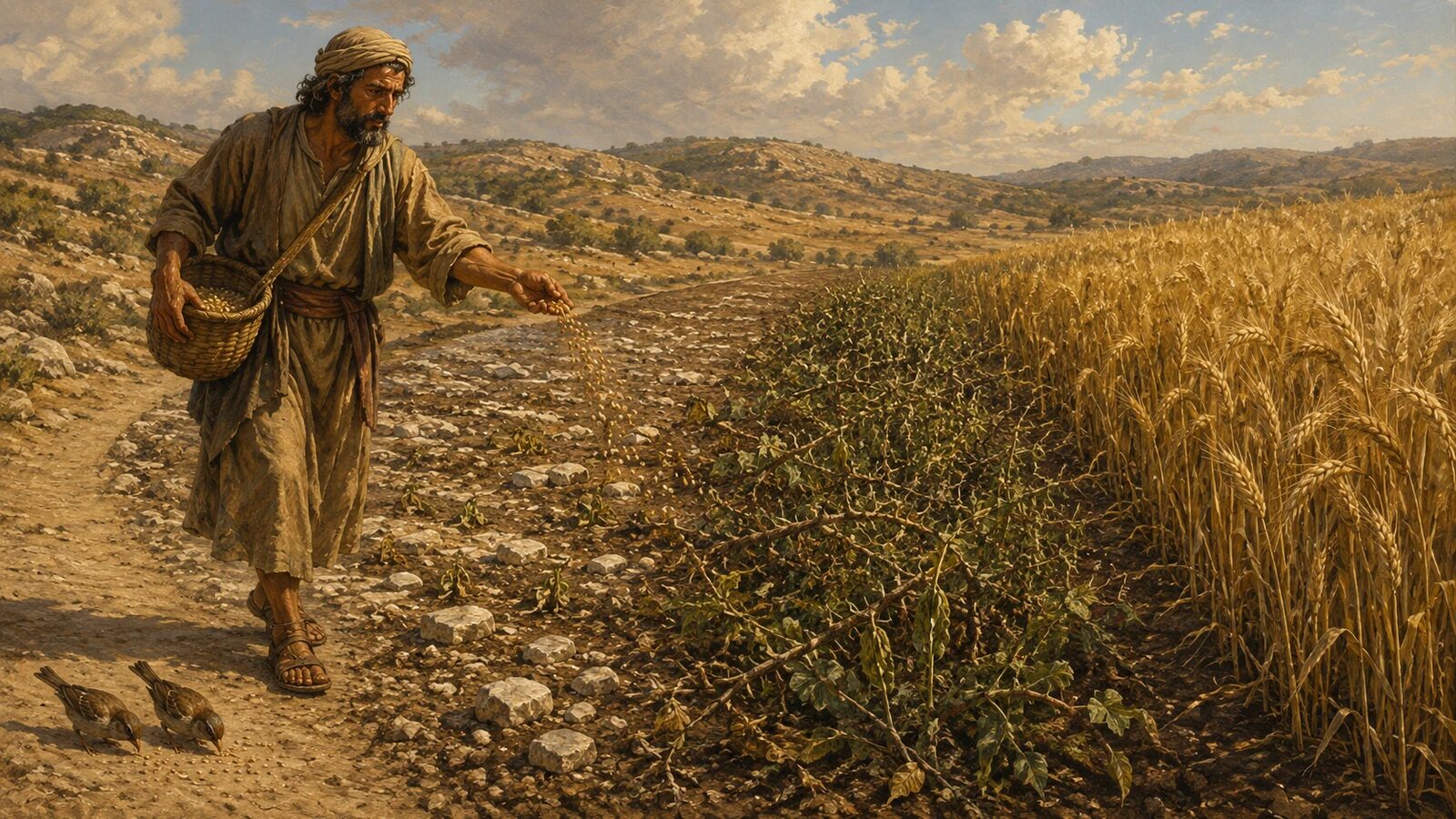 Featured image for The Parable of the Sower: What Jesus Teaches About the Heart A sower scattering seed across the four soils Jesus described