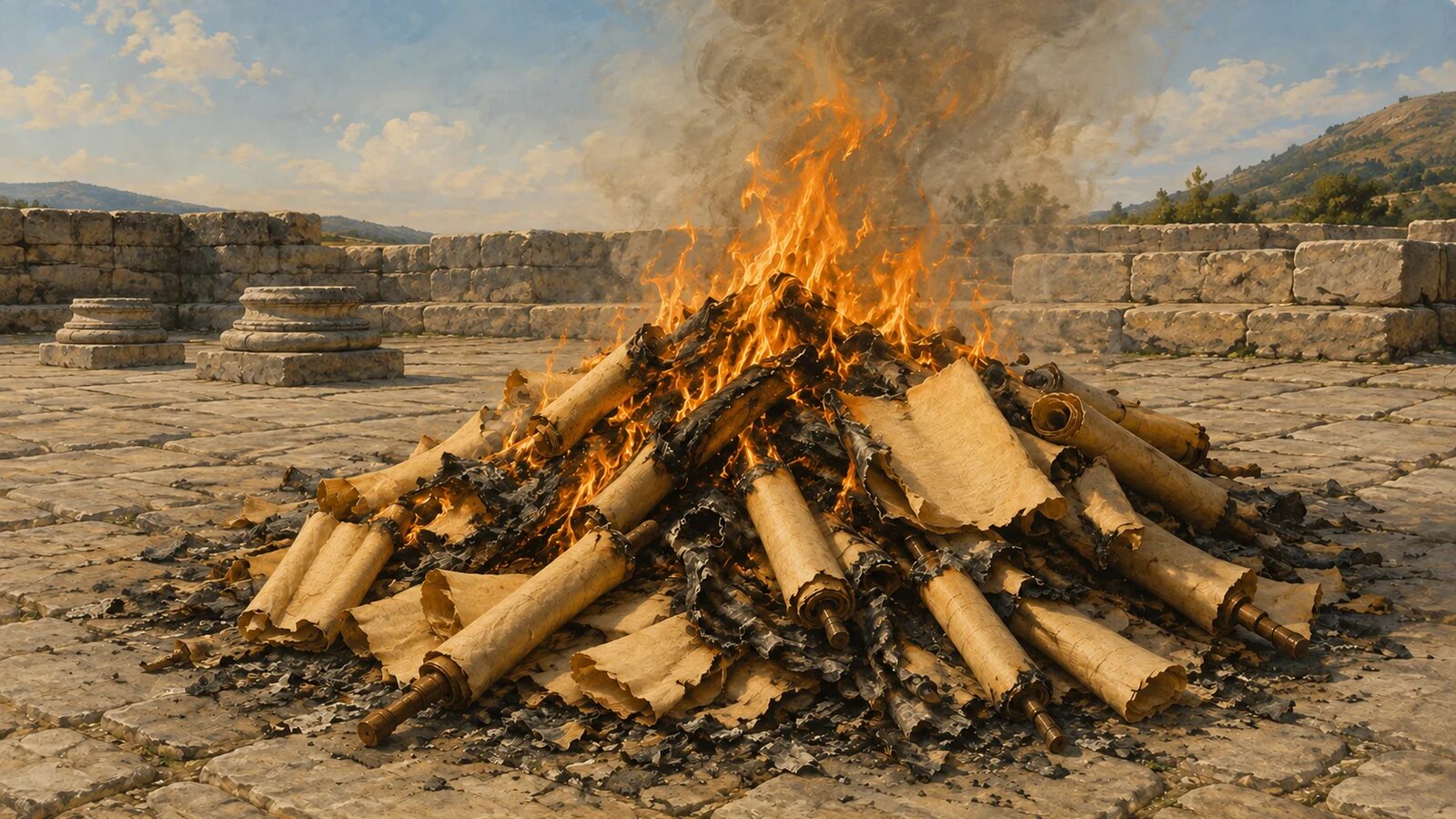Featured artwork — Rejecting Occult Practice Ancient occult manuscripts burning in Ephesus after people believed
