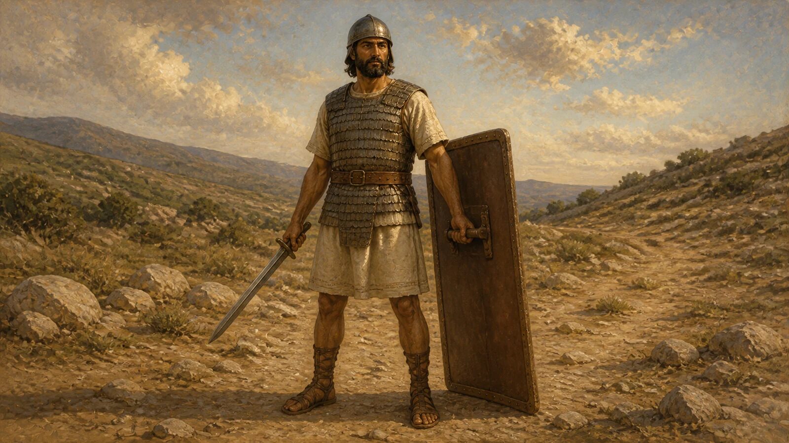 Featured artwork — Armor of God A man standing firmly in the complete armor described in Ephesians 6