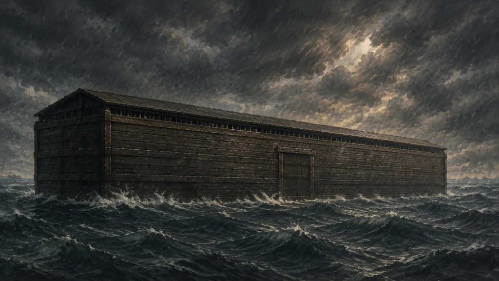 Noah’s ark carried safely on the Flood waters during the rain