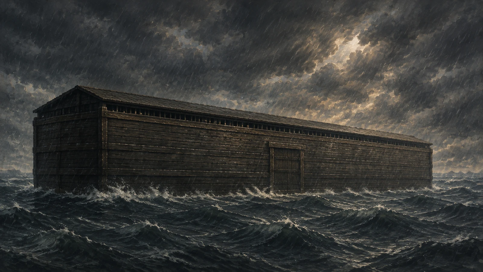 Noah’s ark carried safely on the Flood waters during the rain