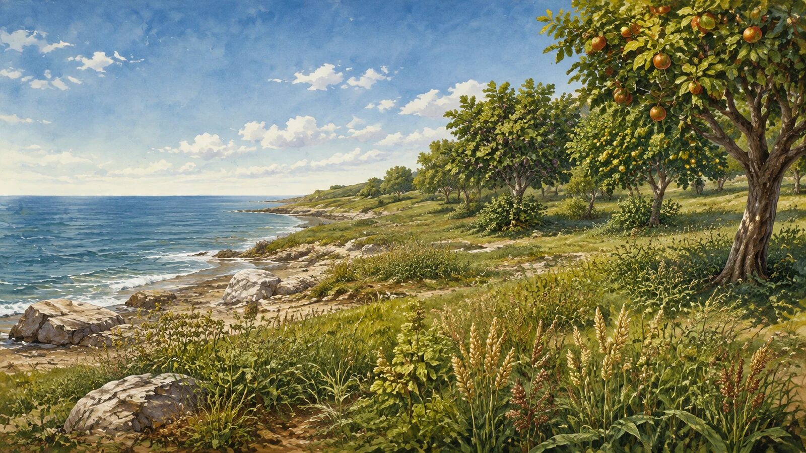Dry land, gathered sea, and seed-bearing plants on the third creation day