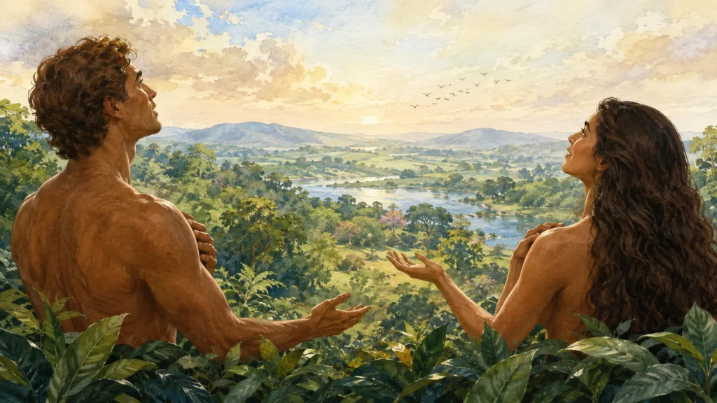 Adam and Eve face the unfallen world as they receive God’s shared creation commission