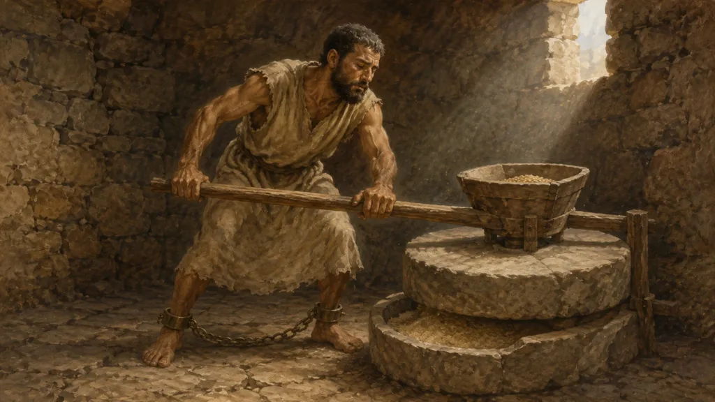 Blind Samson grinds grain in prison as his shorn hair begins to grow again