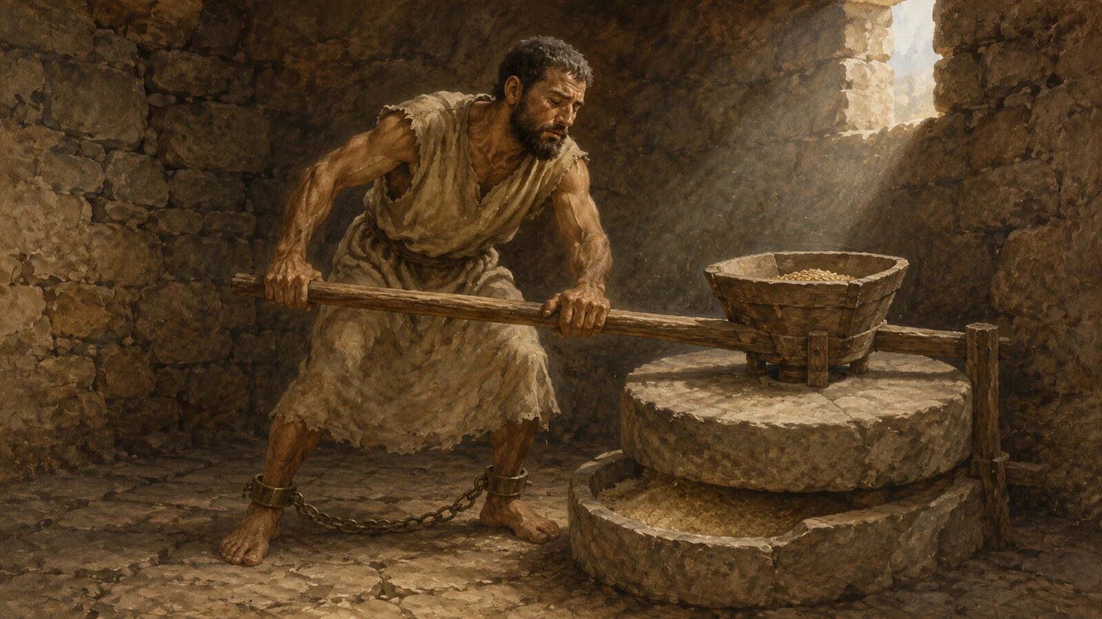 Samson in the Bible — Featured Artwork Blind Samson grinds grain in prison as his shorn hair begins to grow again