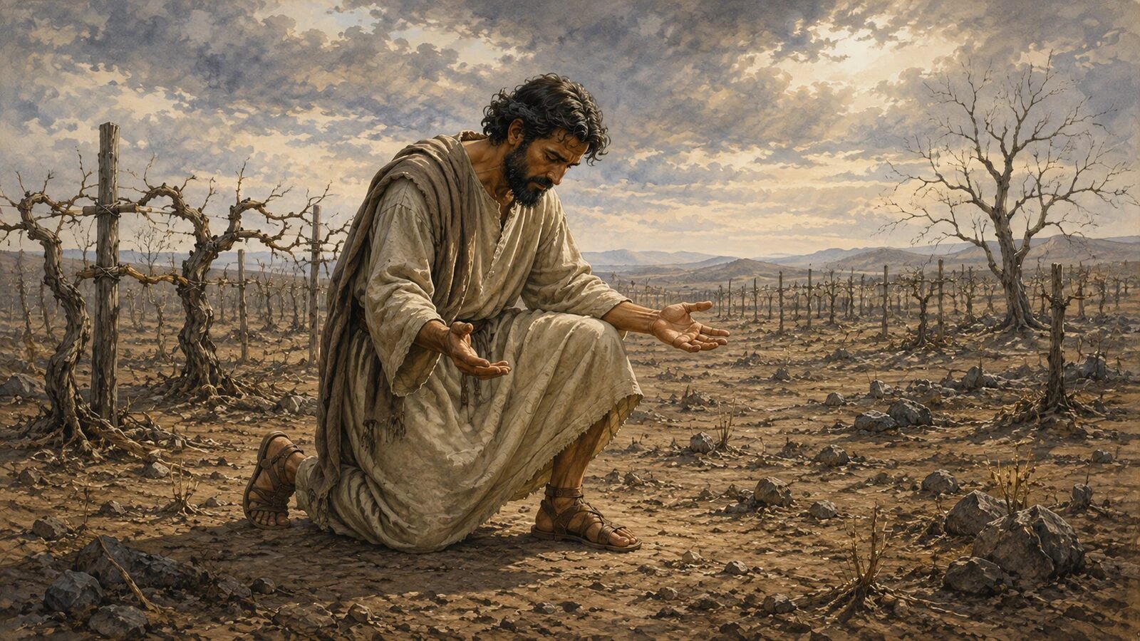A man kneels in a locust-stripped field, returning to the Lord with an open heart