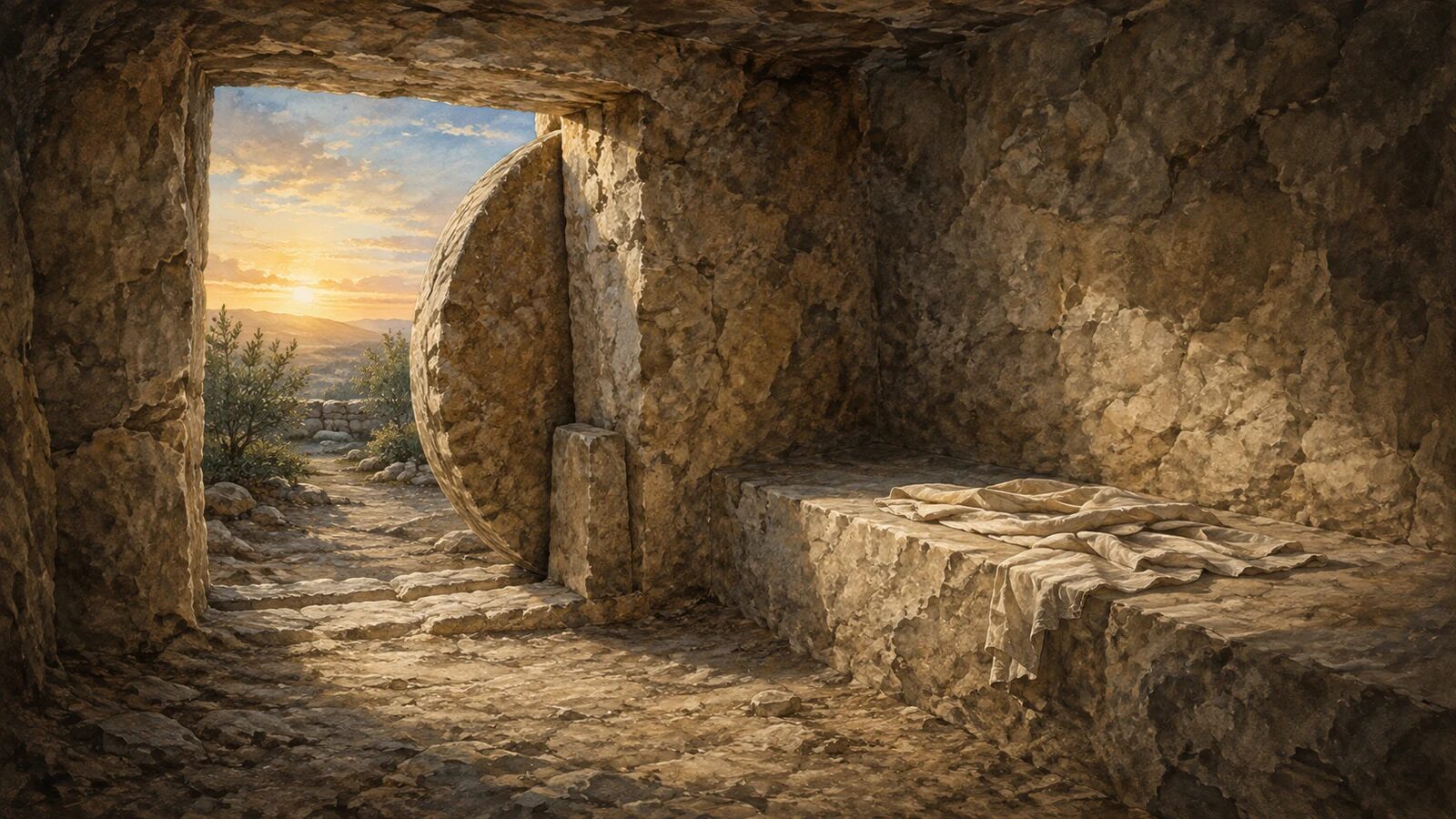 The open and empty tomb at dawn, bearing witness that Jesus rose bodily from the dead