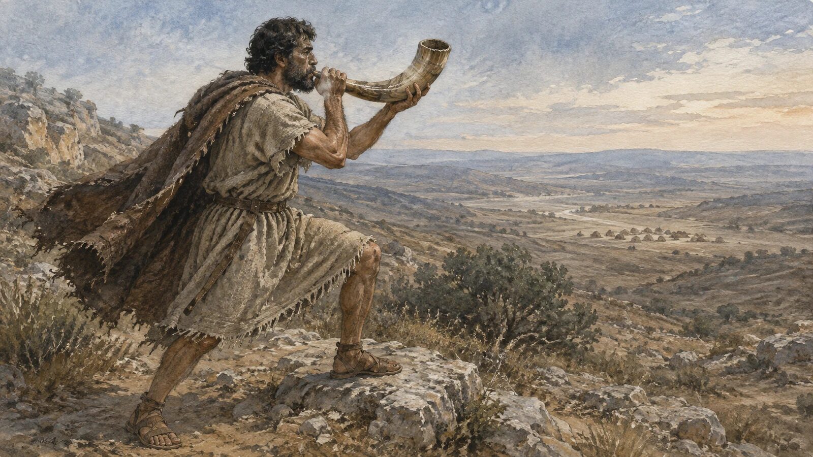 Gideon sounds a ram’s-horn trumpet after the Spirit of the LORD comes upon him