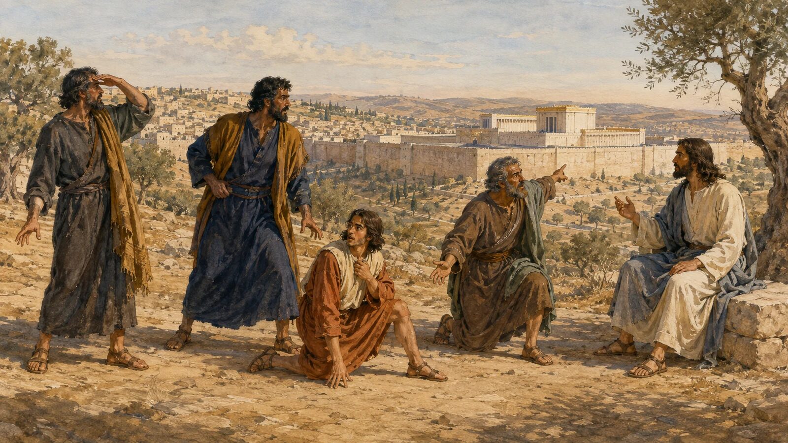 Four Disciples Question Jesus About the Temple Peter, James, John, and Andrew urgently question Jesus with the intact temple in view