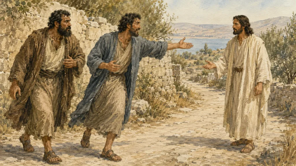 Andrew brings his brother Simon to Jesus after declaring that He is the Messiah