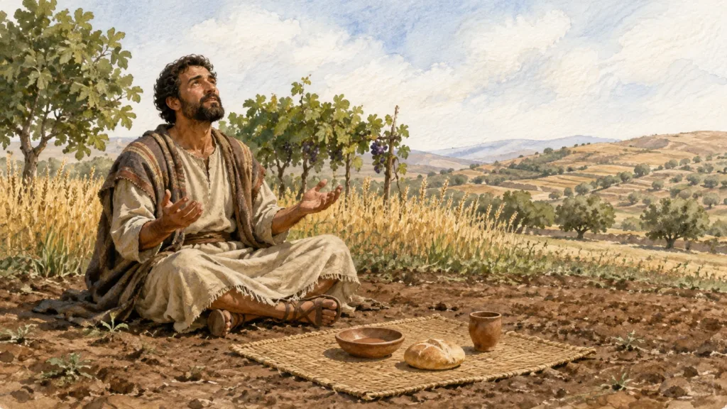 An Israelite gives thanks to God after a simple meal in the good land