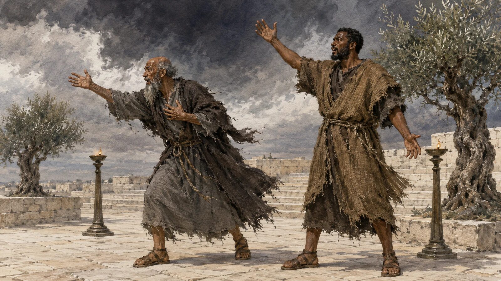 Two distinct witnesses prophesy in sackcloth between rooted olive trees and grounded lampstands