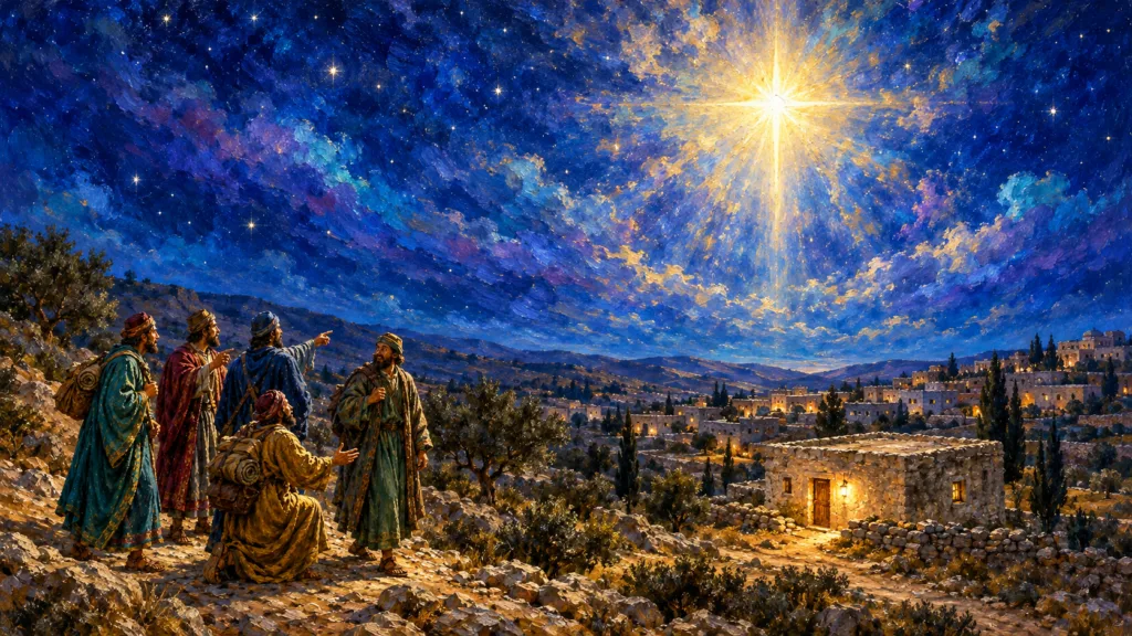 Classical oil painting of a brilliant golden Star of Bethlehem above a stone house, with rejoicing Magi beneath a vibrant blue and violet sky.