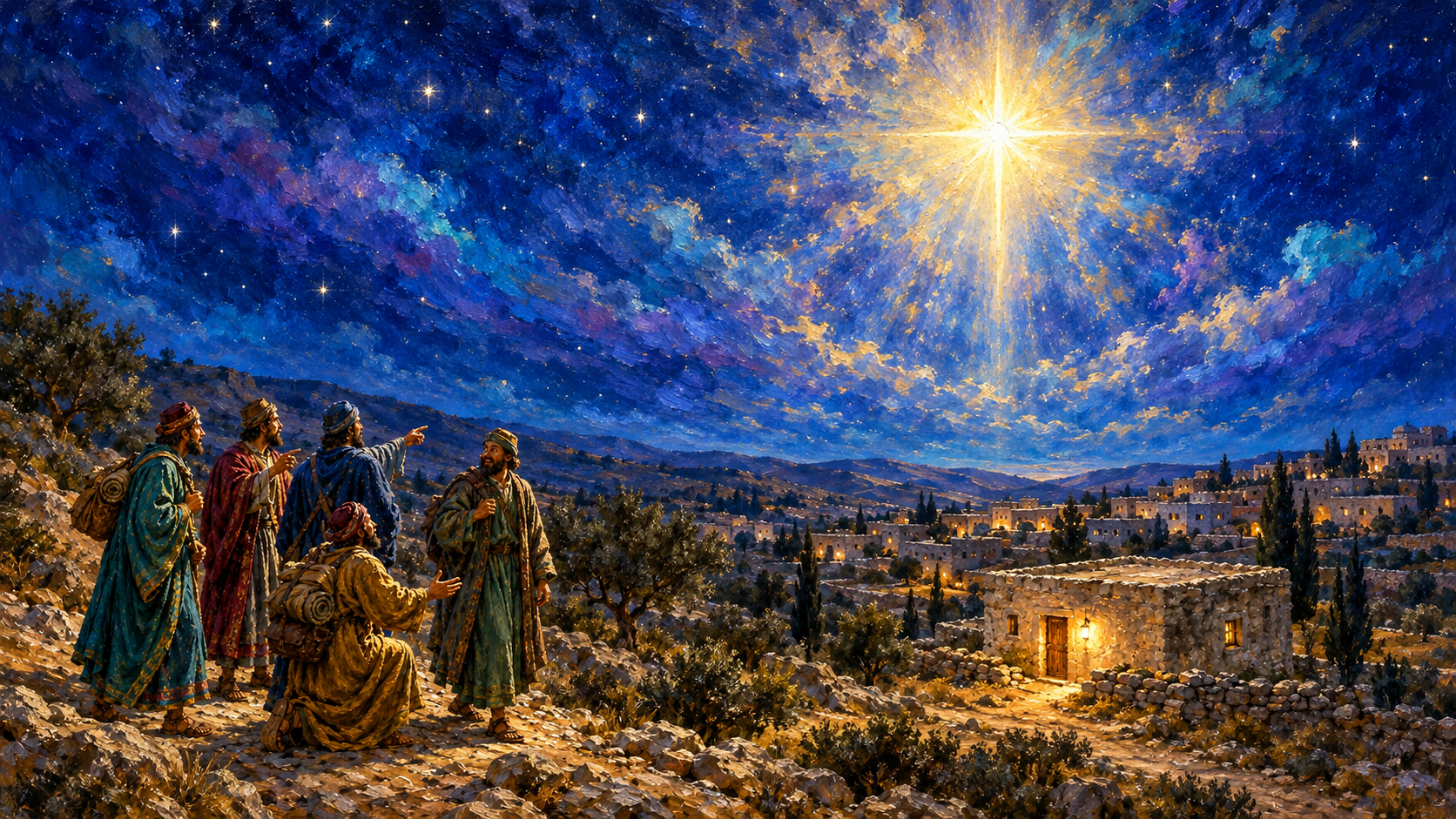 What Was the Star of Bethlehem? What Matthew Tells Us Classical oil painting of a brilliant golden Star of Bethlehem above a stone house, with rejoicing Magi beneath a vibrant blue and violet sky.