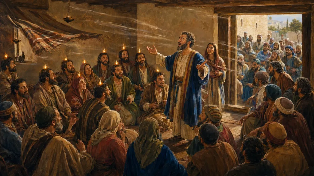 The Holy Spirit comes at Pentecost as disciples speak to astonished pilgrims
