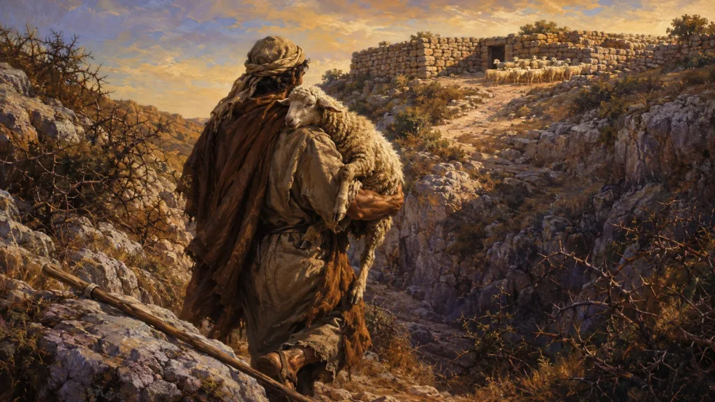 A shepherd carries a rescued lost sheep toward the safety of the flock