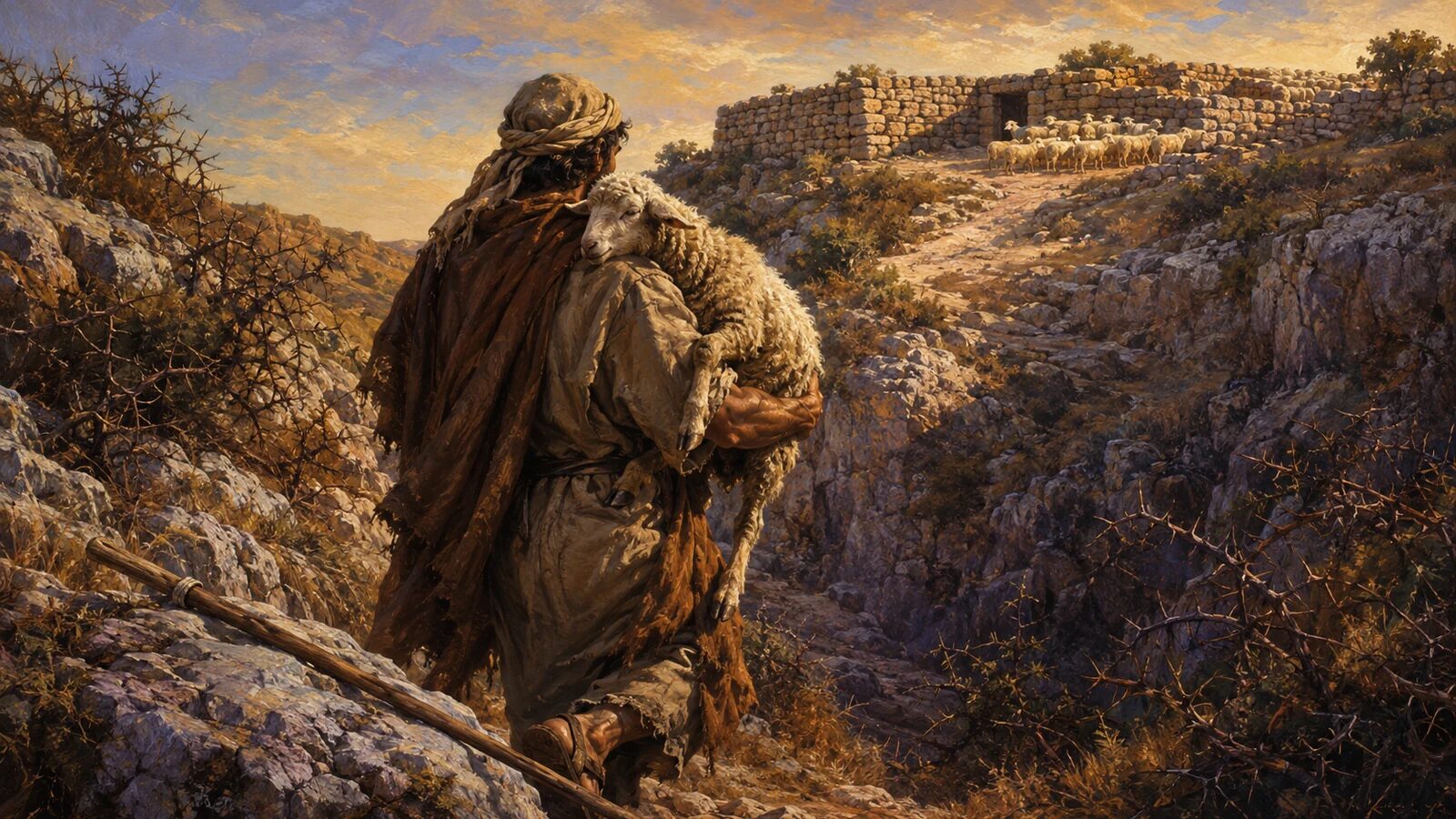 A shepherd carries a rescued lost sheep toward the safety of the flock