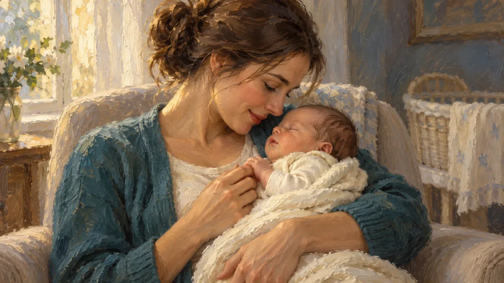 Classical oil painting of a modern mother tenderly holding her sleeping newborn in warm window light.