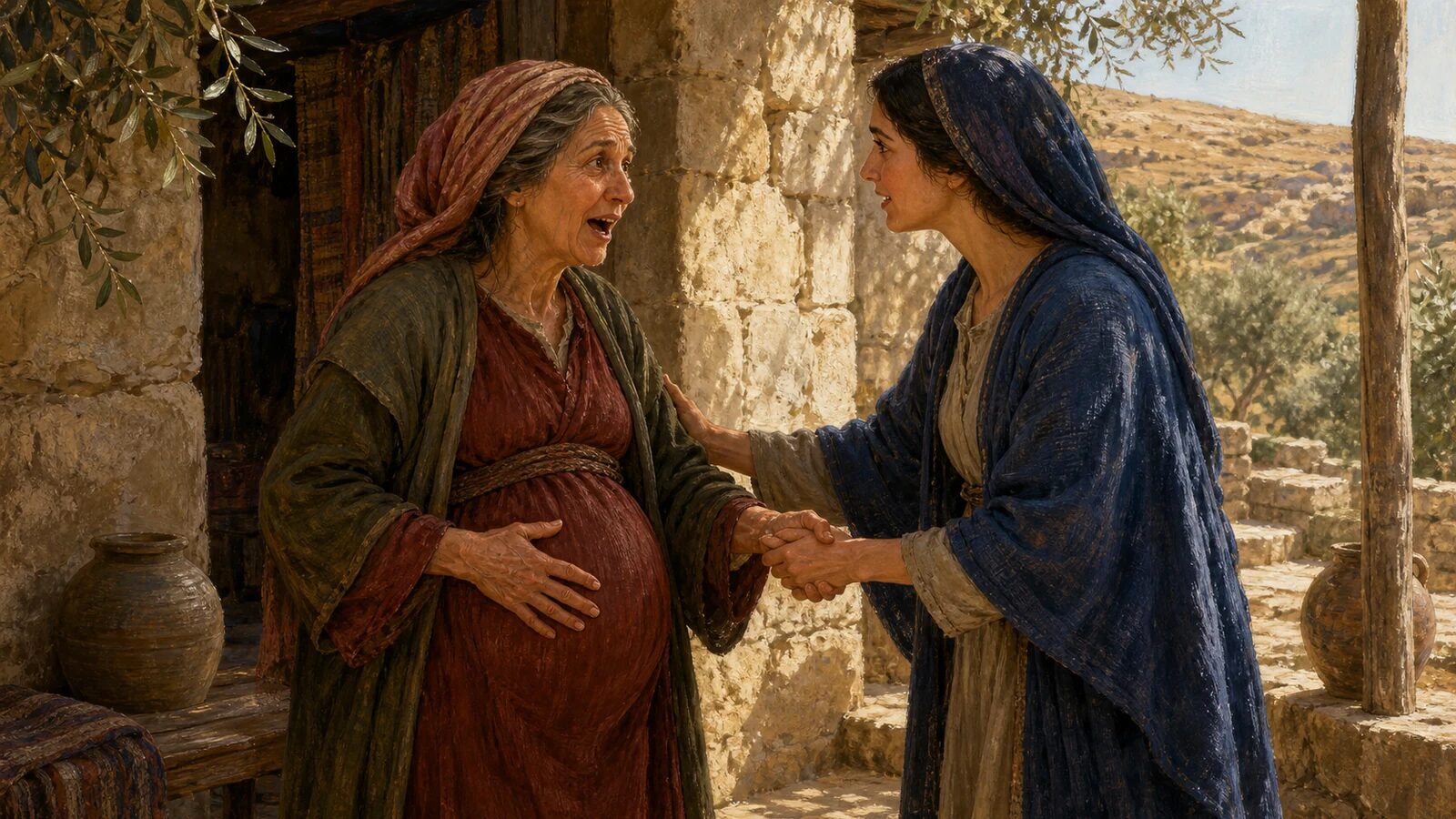Elizabeth Rejoices at Marys Greeting Elizabeth feels John leap in her womb as she joyfully greets Mary