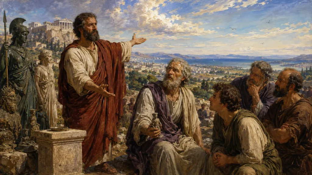 Paul contrasts man-made idols with the Creator before the philosophers of Athens