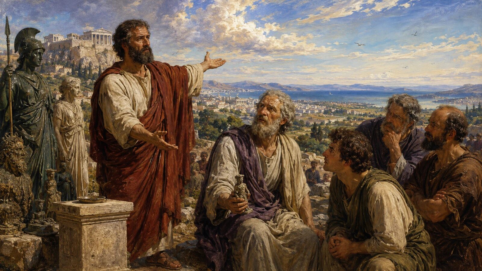Paul contrasts man-made idols with the Creator before the philosophers of Athens