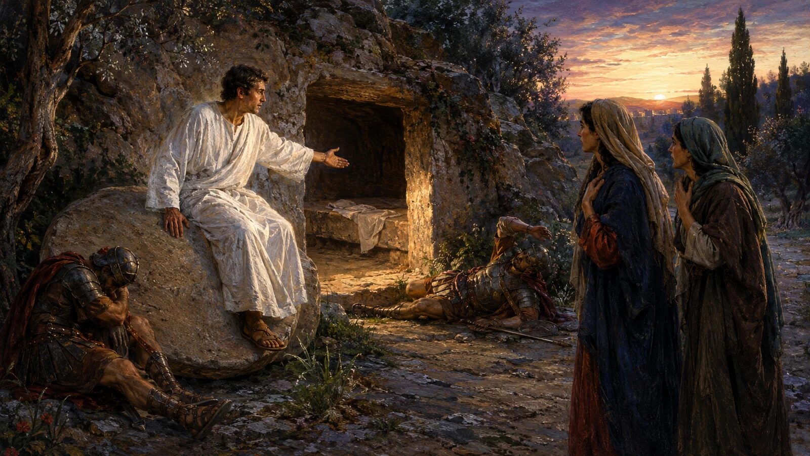 One angel points two women toward Jesus empty tomb while Roman guards tremble