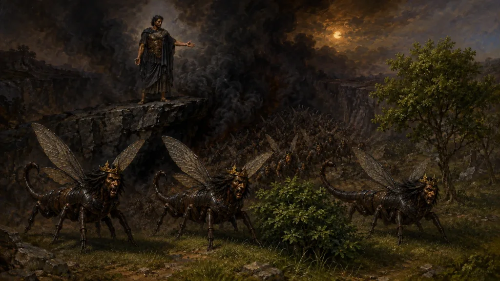 Apollyon directs the locust-like horde from the abyss under fixed limits
