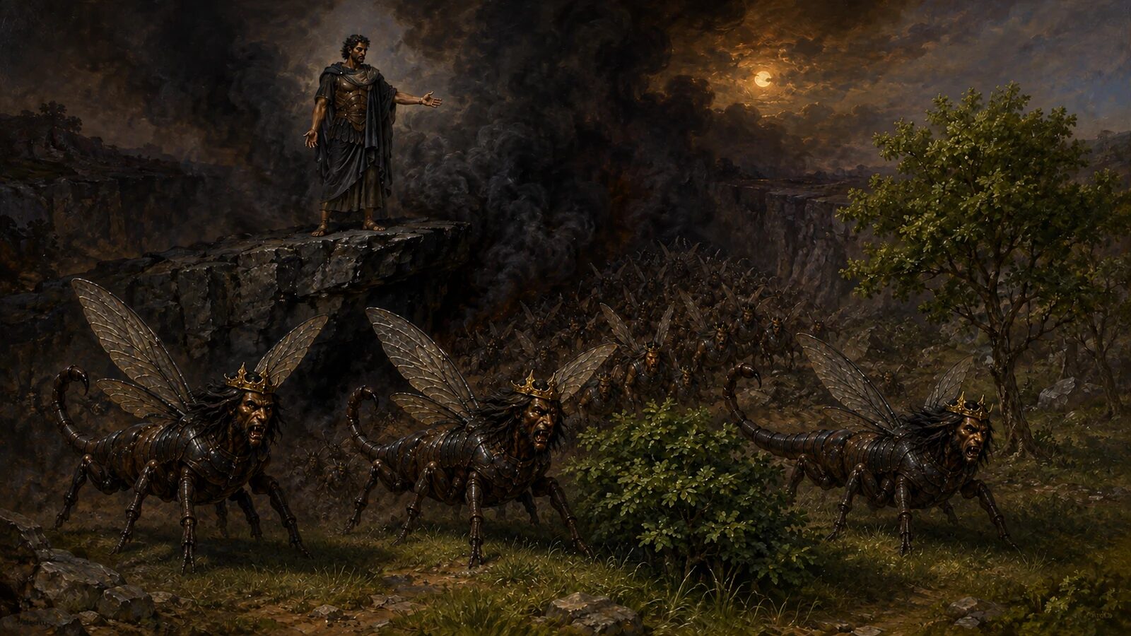 Apollyon Commands the Horde from the Abyss Apollyon directs the locust-like horde from the abyss under fixed limits