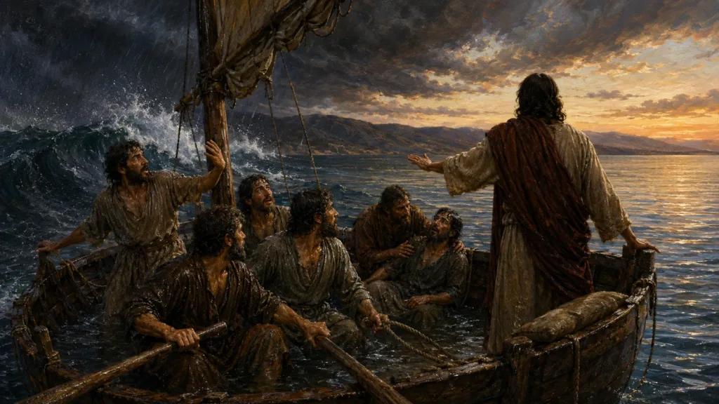 Jesus calms the storm as frightened disciples turn toward Him in trust