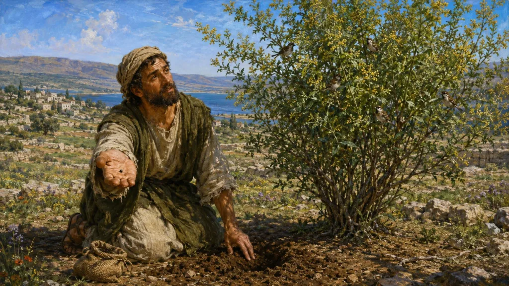 One mustard seed grows into one sheltering plant in the shared kingdom parable