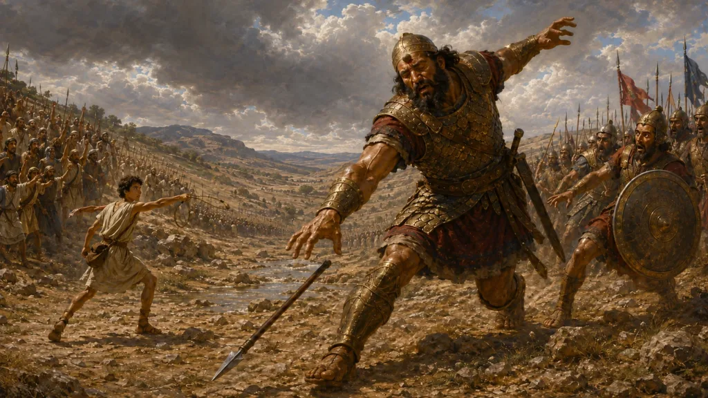 David slings one stone into the forehead of the giant Goliath in the Valley of Elah