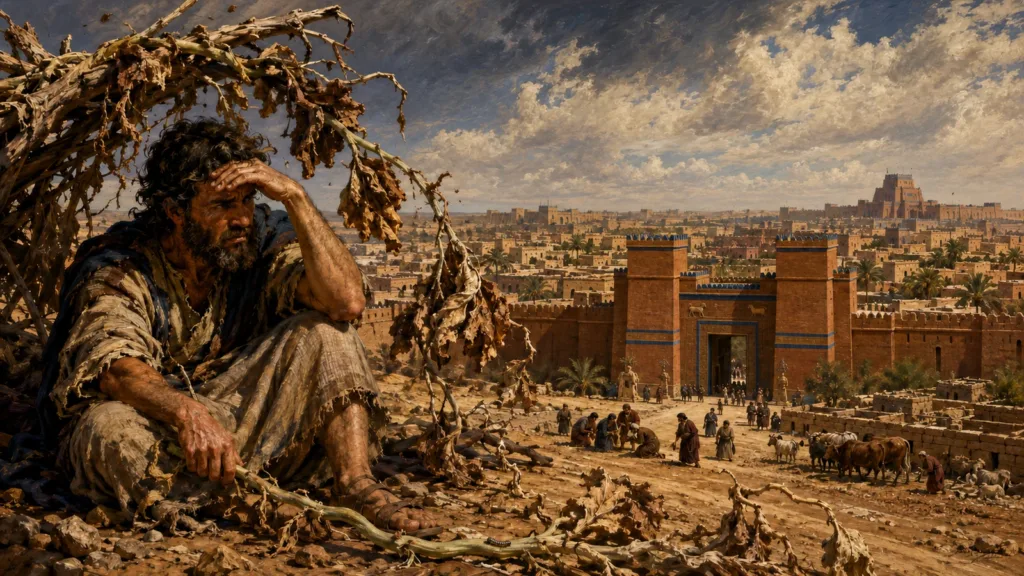 Jonah sits beneath a withered plant while spared Nineveh remains alive before him