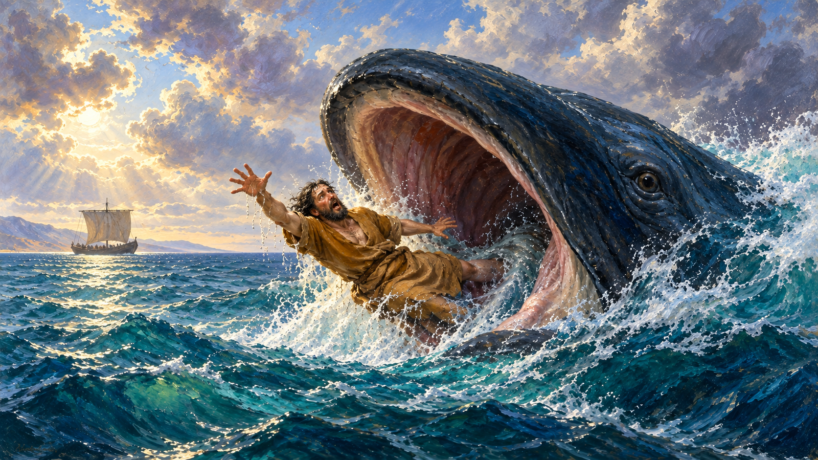 Dramatic classical oil painting of Jonah being swallowed alive by an enormous whale amid foaming turquoise water.